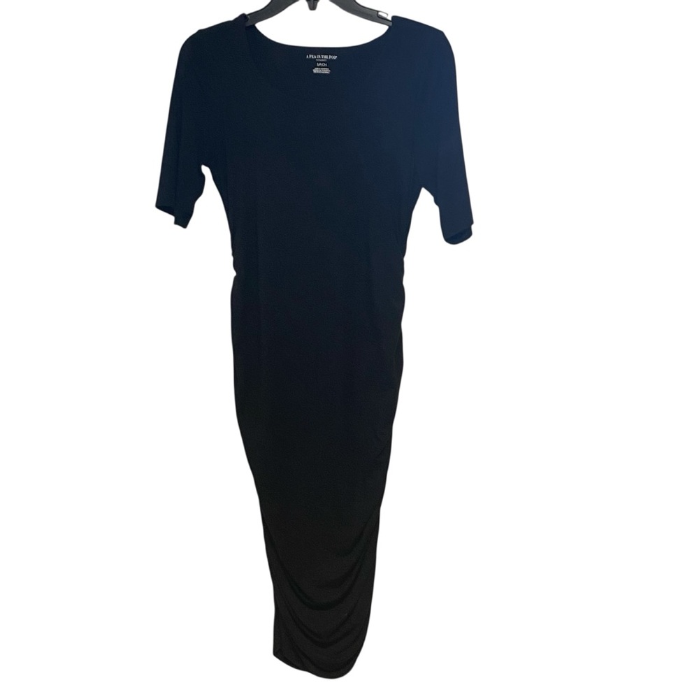 MATERNITY A PEA IN THE POD Ruched Black dress scooped neck Sm